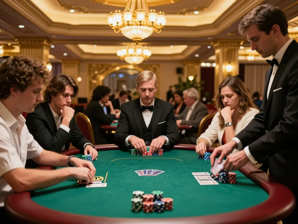 Players at a poker table in a luxury casino engaging in a high-stakes game, showcasing the excitement of 678 gaming