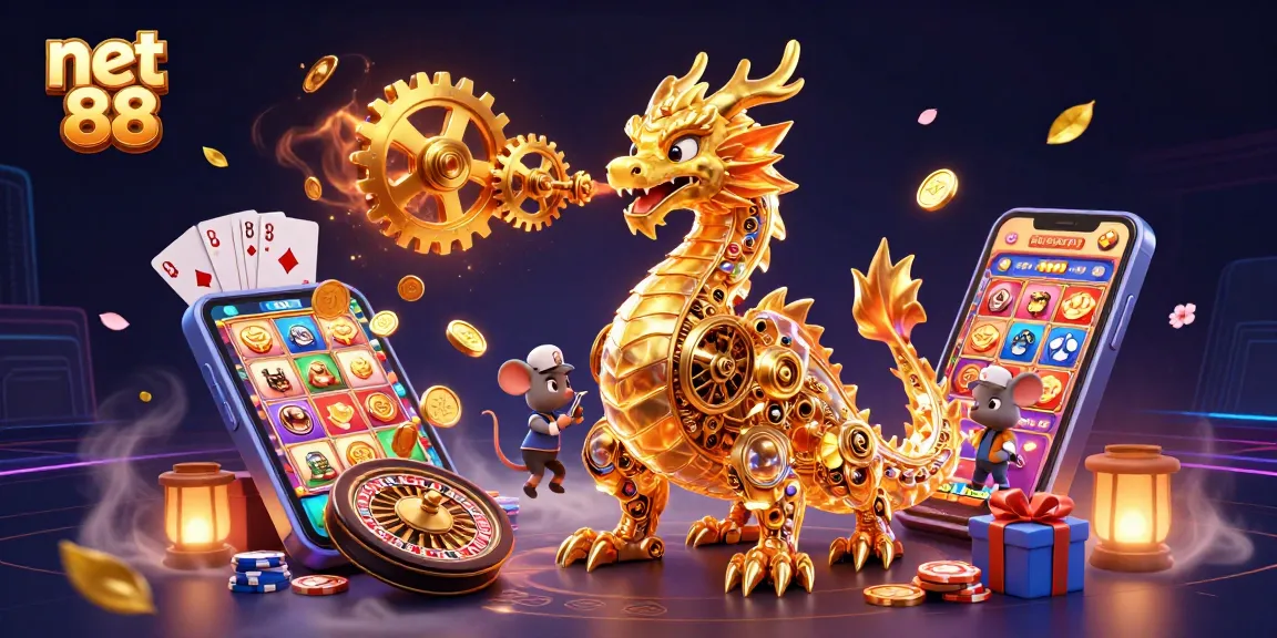 Experience thrilling wins with net 88 in a dynamic 3D casino illustration featuring a golden dragon.