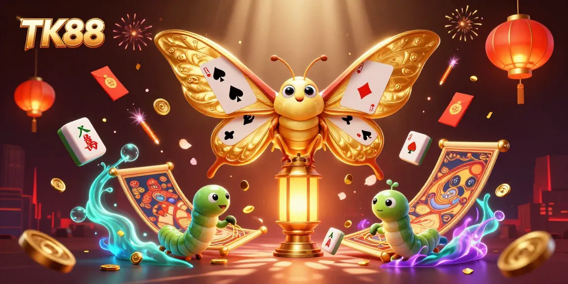 Engage with TK88 casino excitement featuring a colorful 3D illustration of a moth and gaming elements.