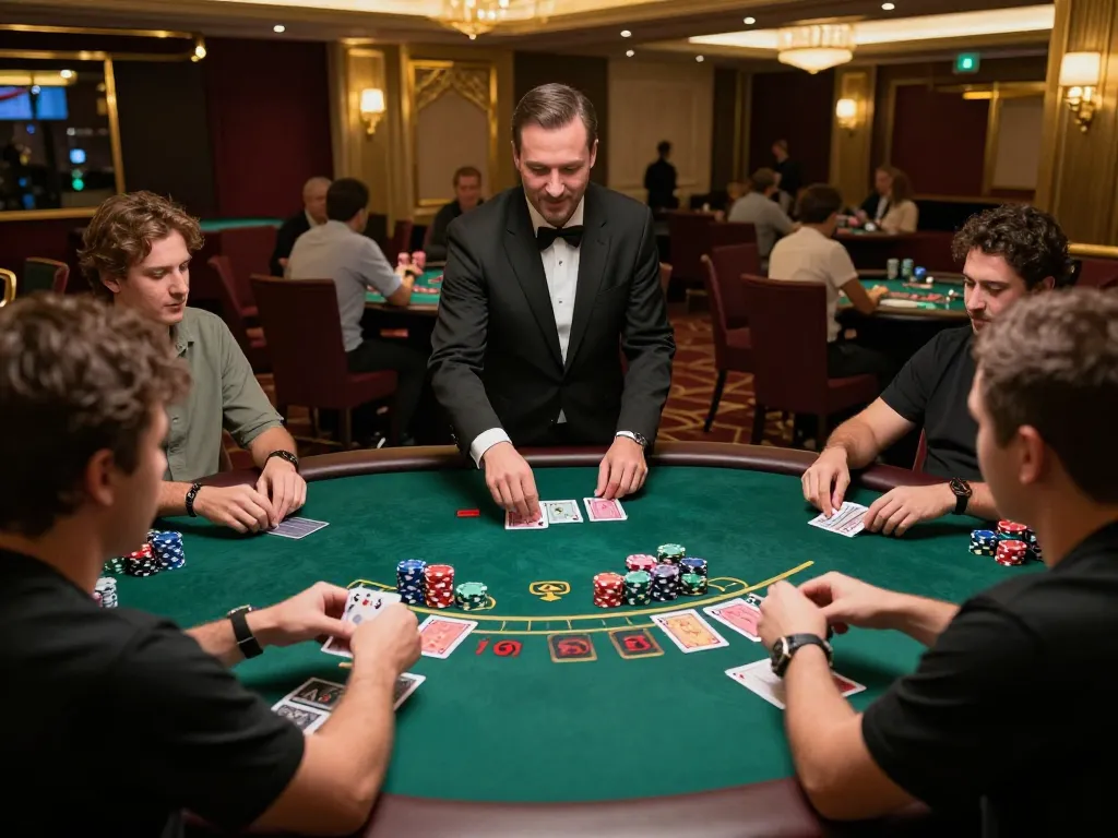Players enjoying an exciting blackjack game at LC88 casino, vibrant atmosphere with dealer and chips visible
