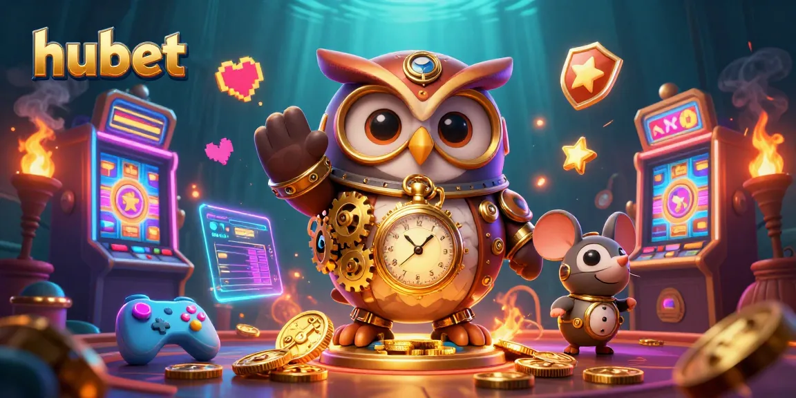 Unlock thrilling adventures at hubet with a time-traveling owl amidst vibrant slot machines.