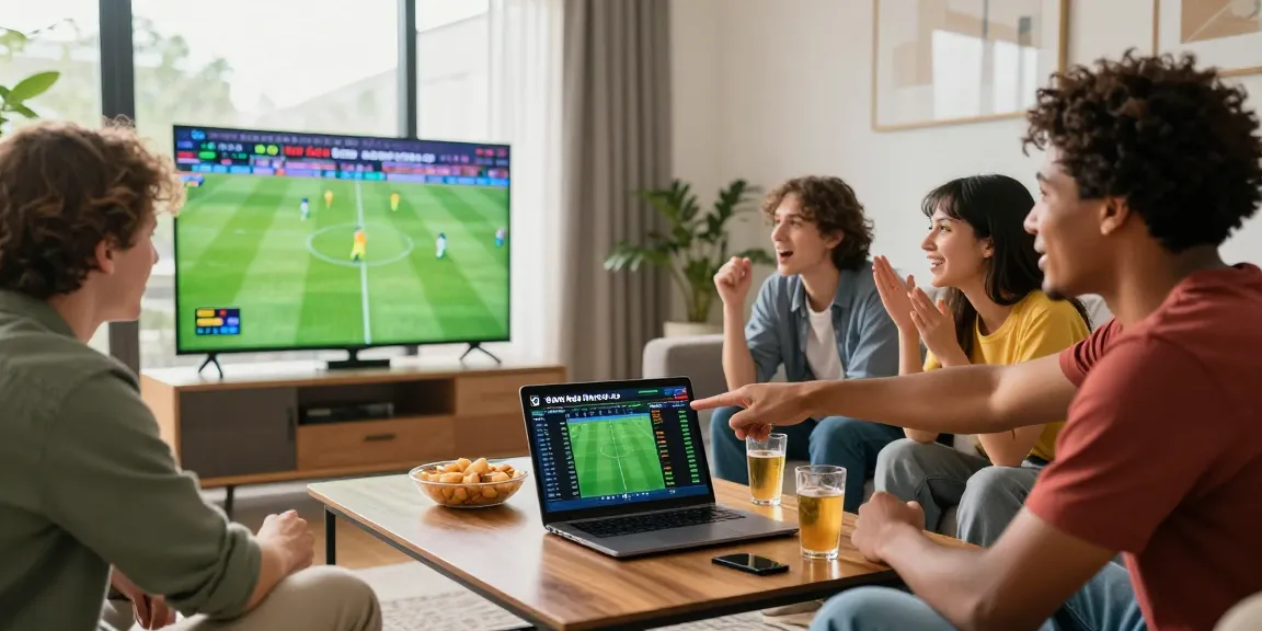 Friends discussing tỷ lệ kèo nhà cái 5 while watching a football match in a lively living room setting.