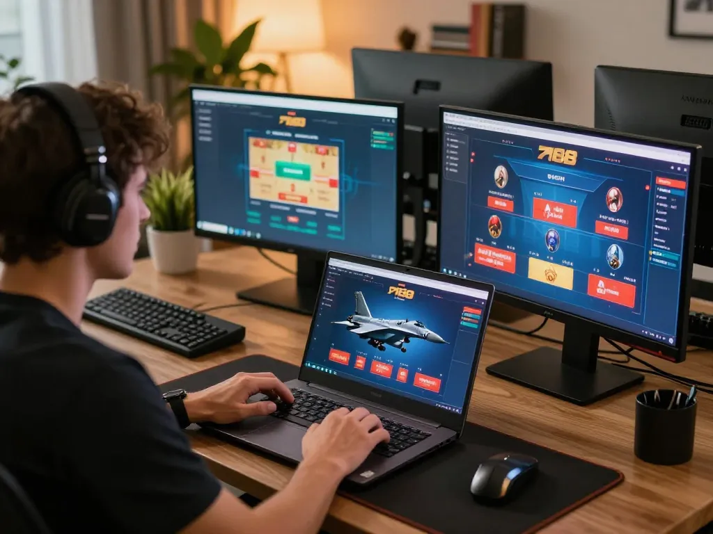 Player immersively engages with F168's casino app on a sleek laptop, highlighting online gaming experience