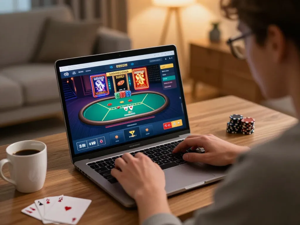 Player winning at online casino games on o8 platform in cozy home setting.