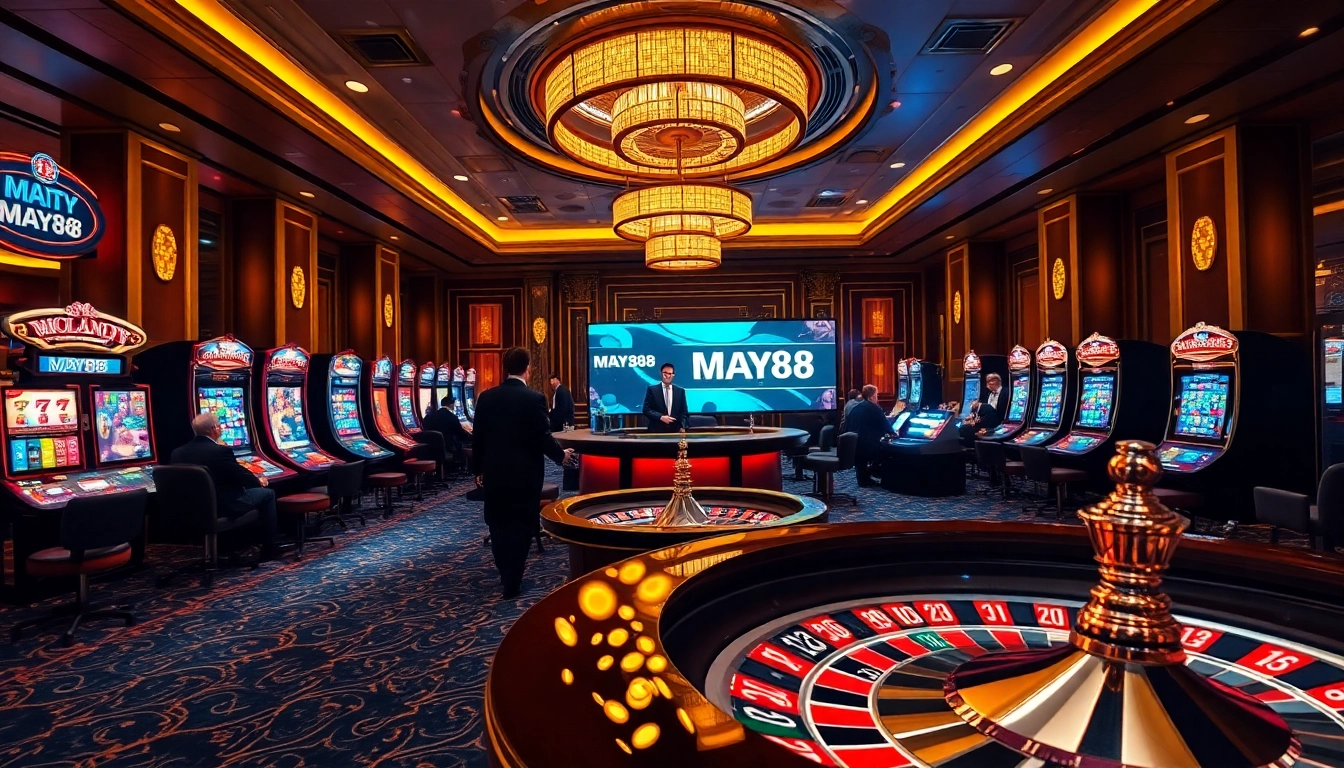 MAY88 Casino scene featuring live dealer poker table and vibrant slot machines in an upscale environment.