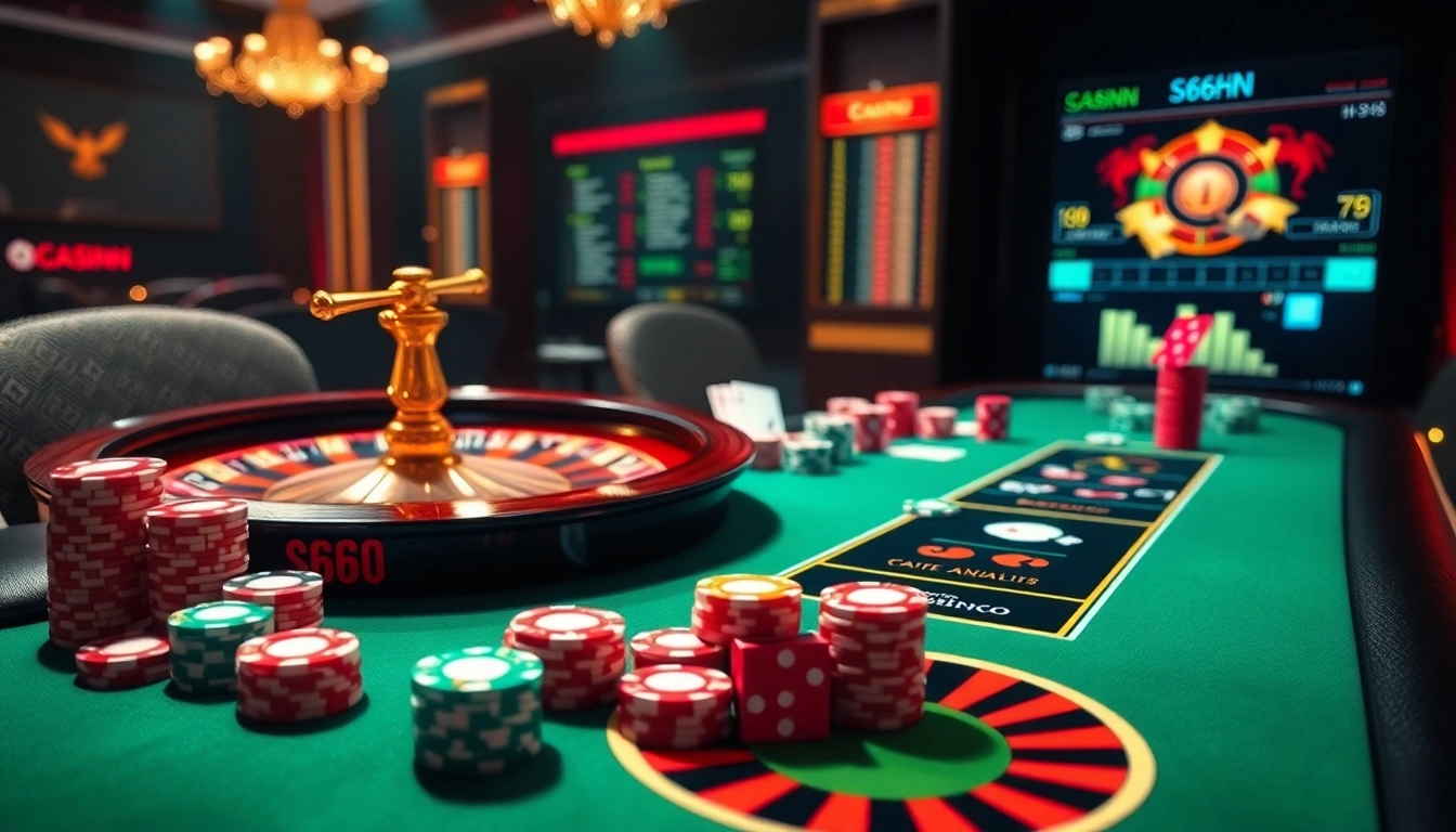 Experience the thrills of S666HN's casino ambiance with poker tables, roulette wheels, and vibrant chips.