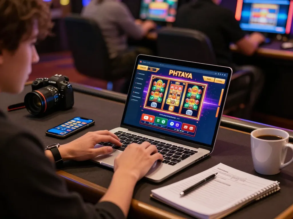 Engaged player using PHTAYA app on laptop for online casino gaming, showcasing vibrant graphics and strategic notes.