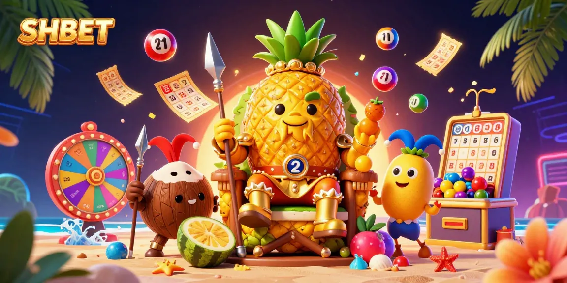 Engage with SHBET's vibrant beach casino featuring a golden pineapple king, coconut guards, and lively games.