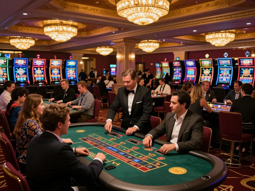 Dynamic scene of players enjoying games at a vibrant casino com, showcasing excitement of live betting activities.
