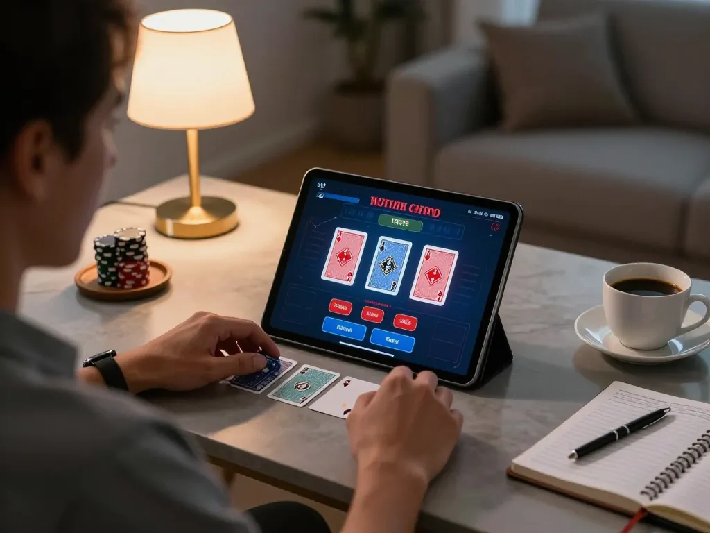 Player engaging in online go8 blackjack game with strategy notes at home.
