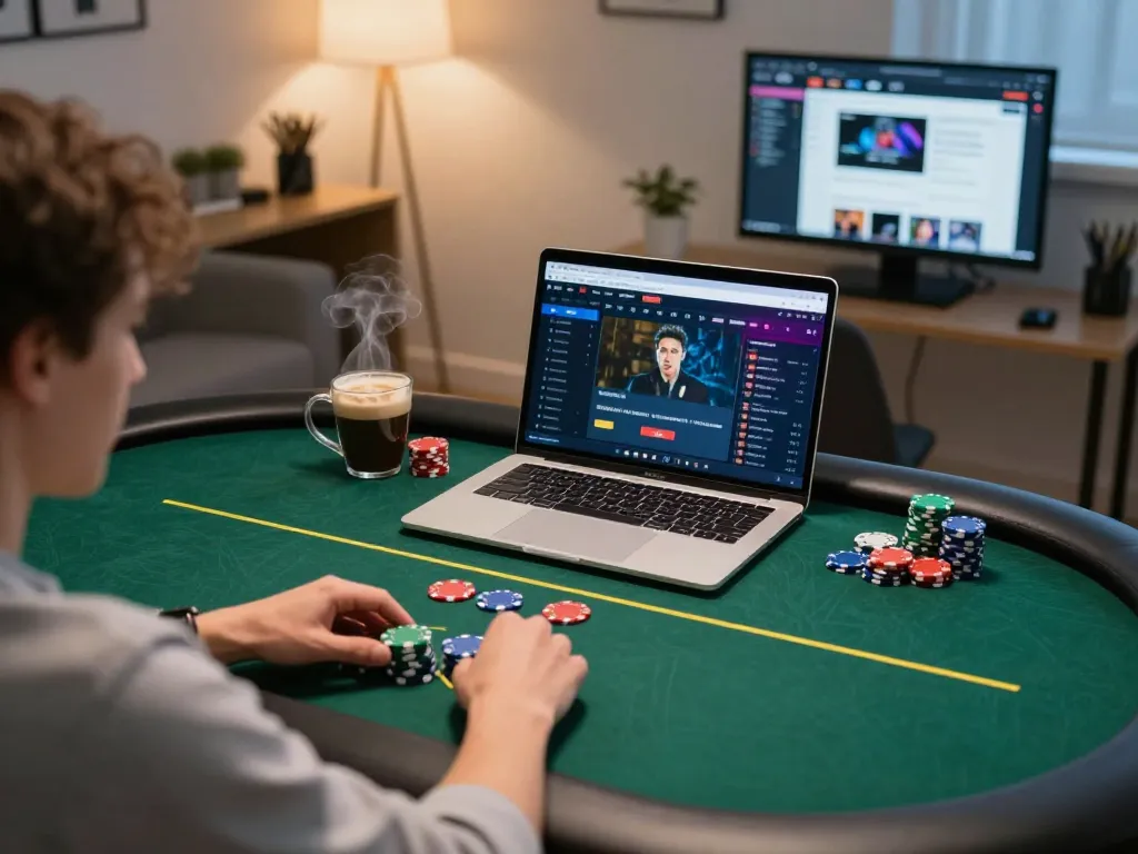 Playing online poker at home on FC88 with chips and strategic tabs open beside a steaming coffee cup