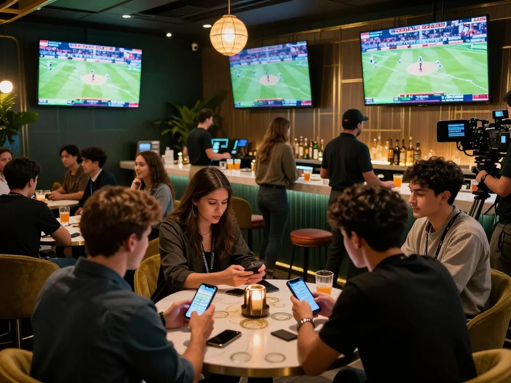 Fans engaging in strategic sports betting at a lively lounge, showcasing Lucky88's vibrant atmosphere