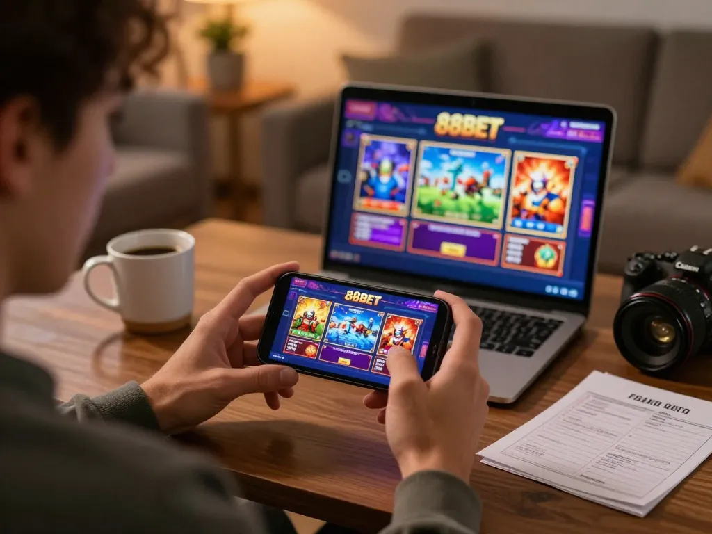 Engaged player using 88BET app for online betting in a cozy home gaming setup.