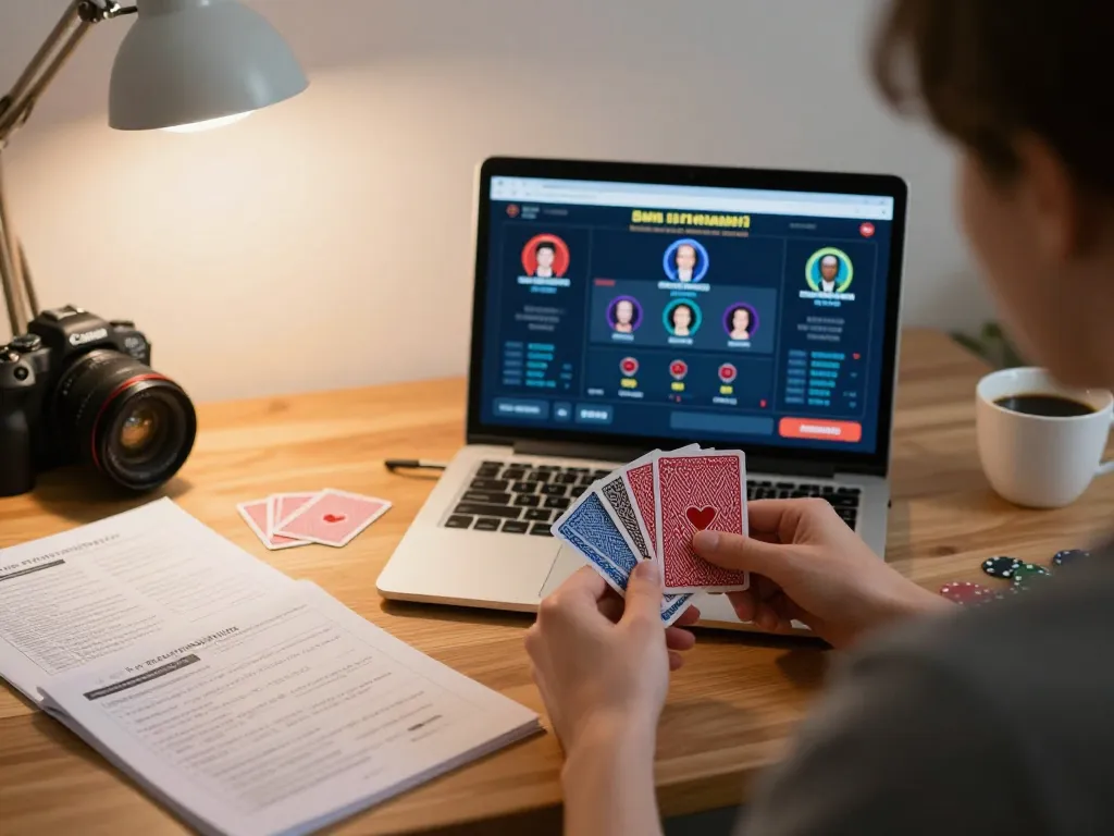 Engaging in a strategic poker game at home using da88 online platform, with focused player and warm atmosphere