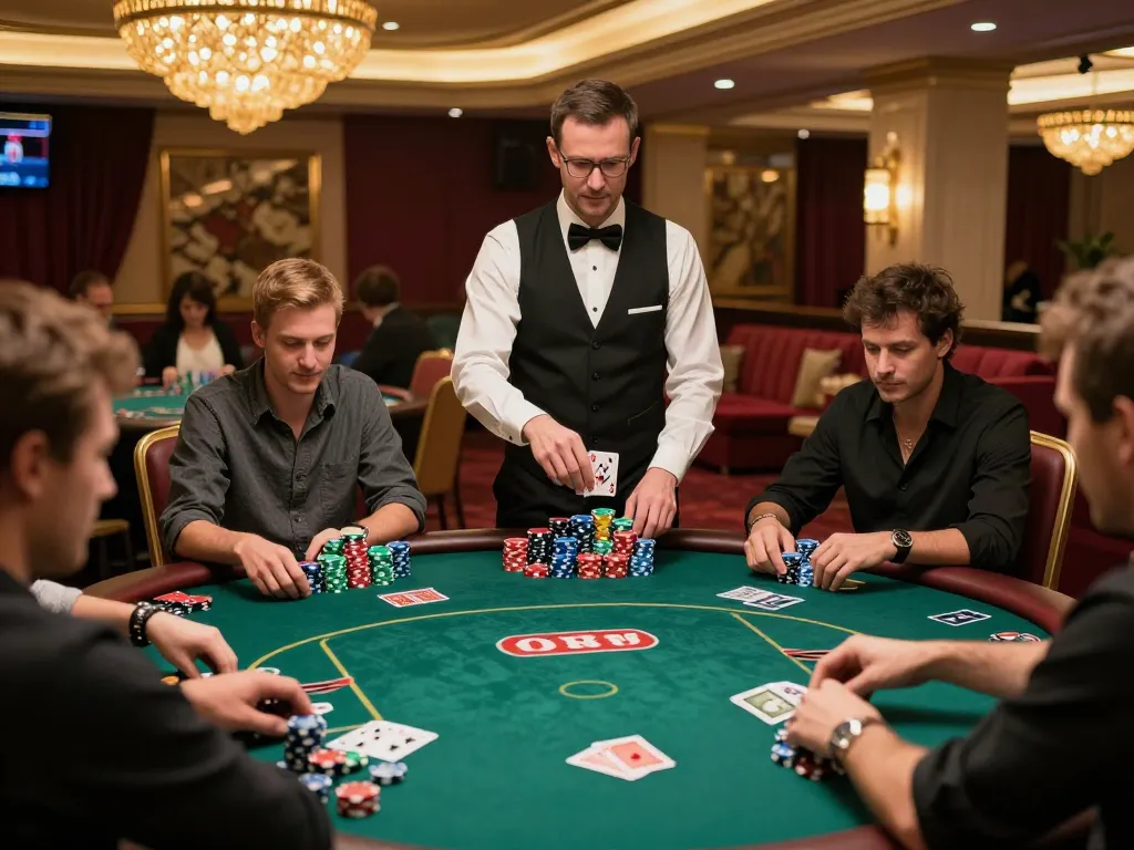 Players engaged at a poker table in an upscale casino, highlighting strategic gameplay in xo88ez.