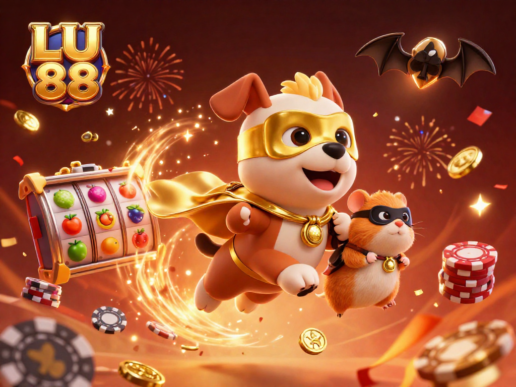LU 88 characters engaging players with high-energy casino games, celebrating wins amidst festive elements.