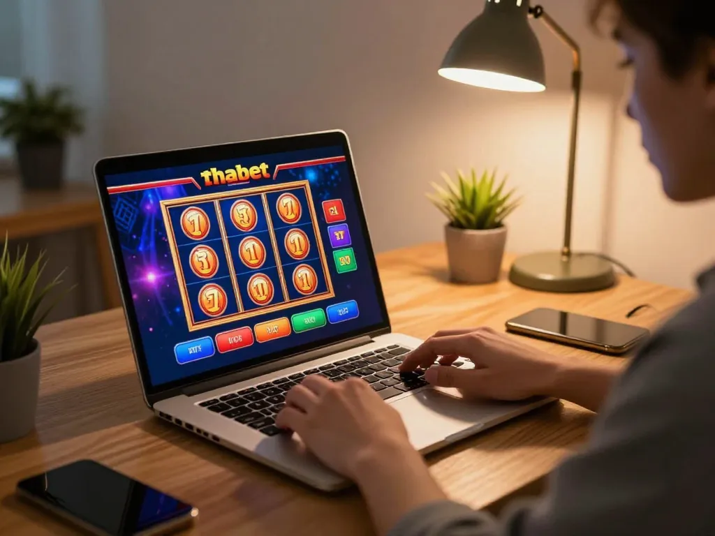 Player enjoying an exciting thabet online casino experience from home, focusing on strategic betting.