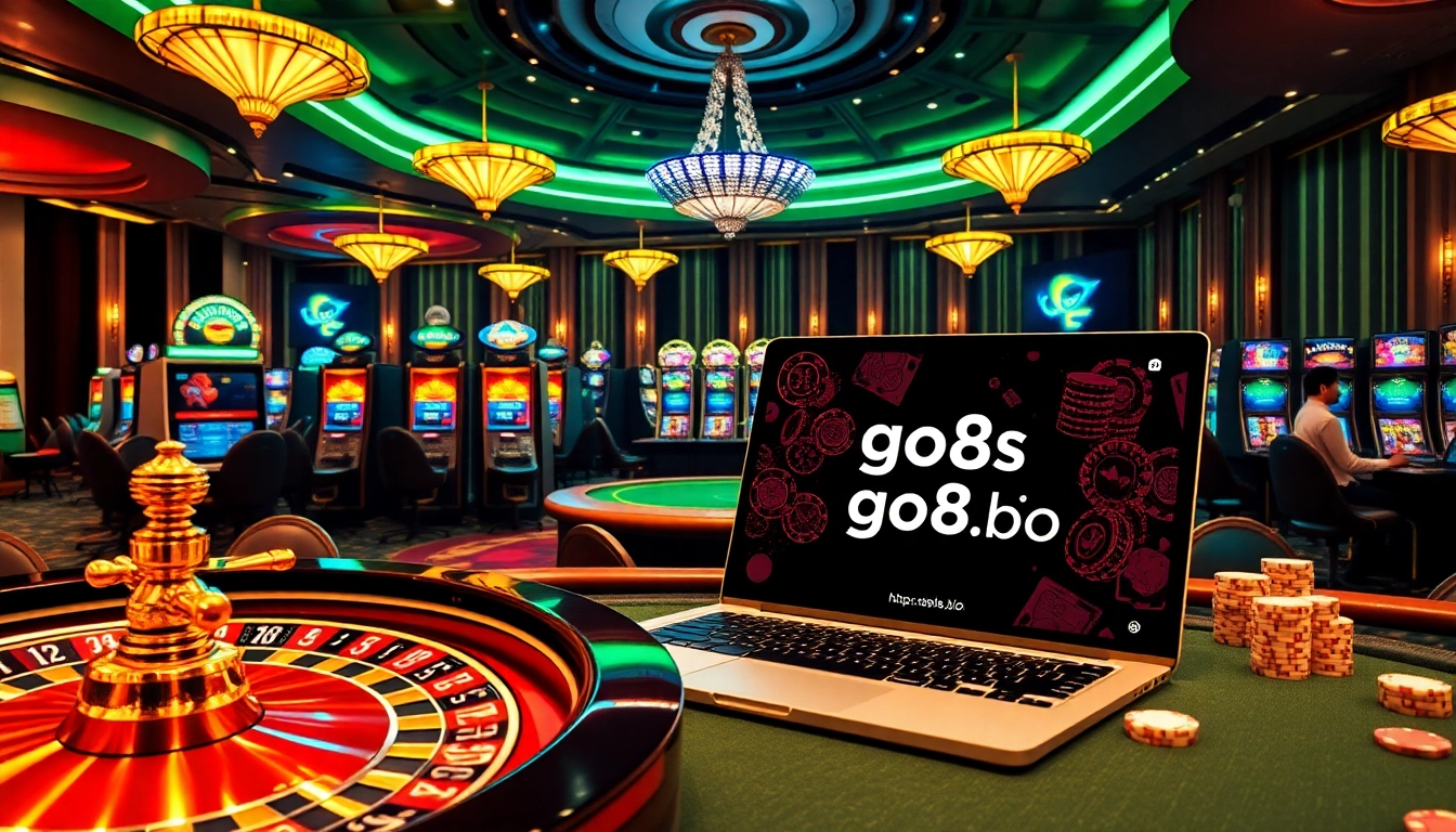 Engaging scene at GO8s.bio featuring vibrant casino games with roulette, poker, and slot machines.