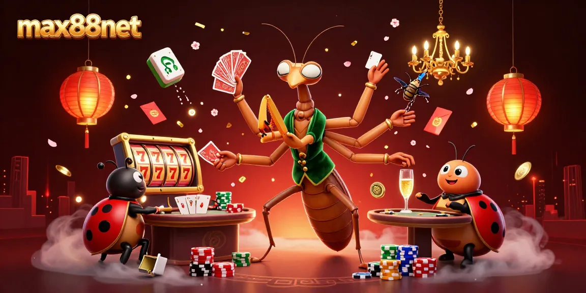 max88net showcases a vibrant casino scene with a giant mantis card sharp and ladybug pit boss in action