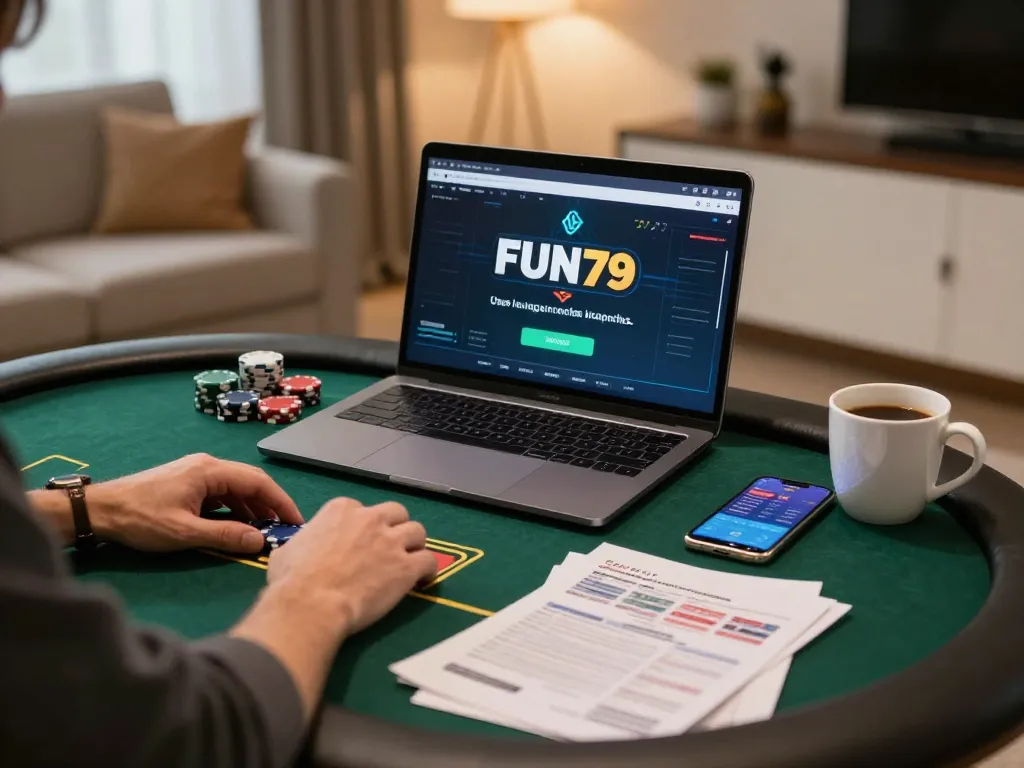 Engaging player focusing on online poker at home with FUN79 app on screen