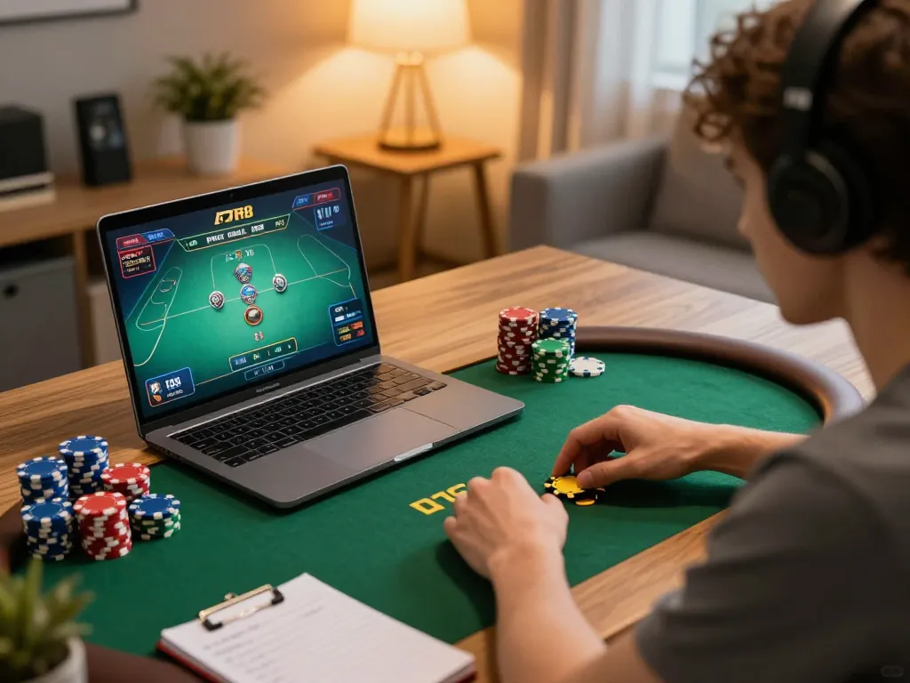 F168 online gaming scene with a player enjoying poker in a cozy home office setup