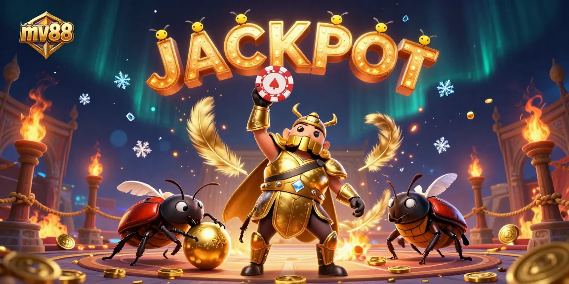 Experience the excitement of mv88 as a beetle lifts a poker chip, celebrating a big win!