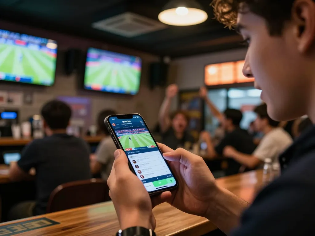 Betting on live sports with the 678vip app in an exciting bar environment.