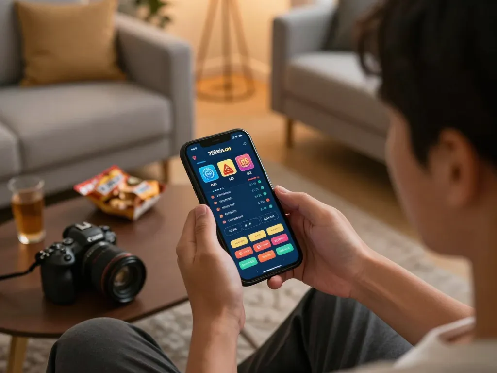 Engaging user betting on 789win.com app in a cozy home setting, smartphone prominently displayed.