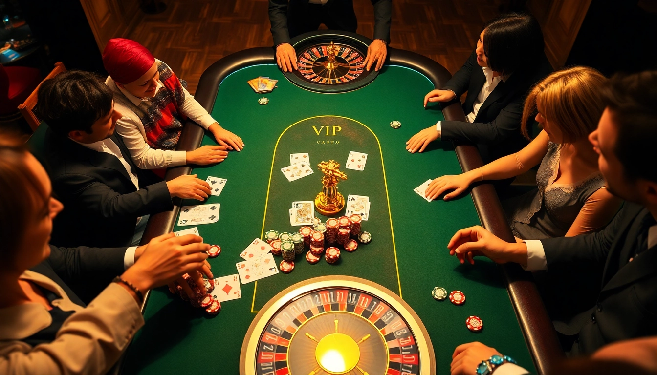 VIPWIN casino scene with players enjoying a lively game at an upscale gaming table.