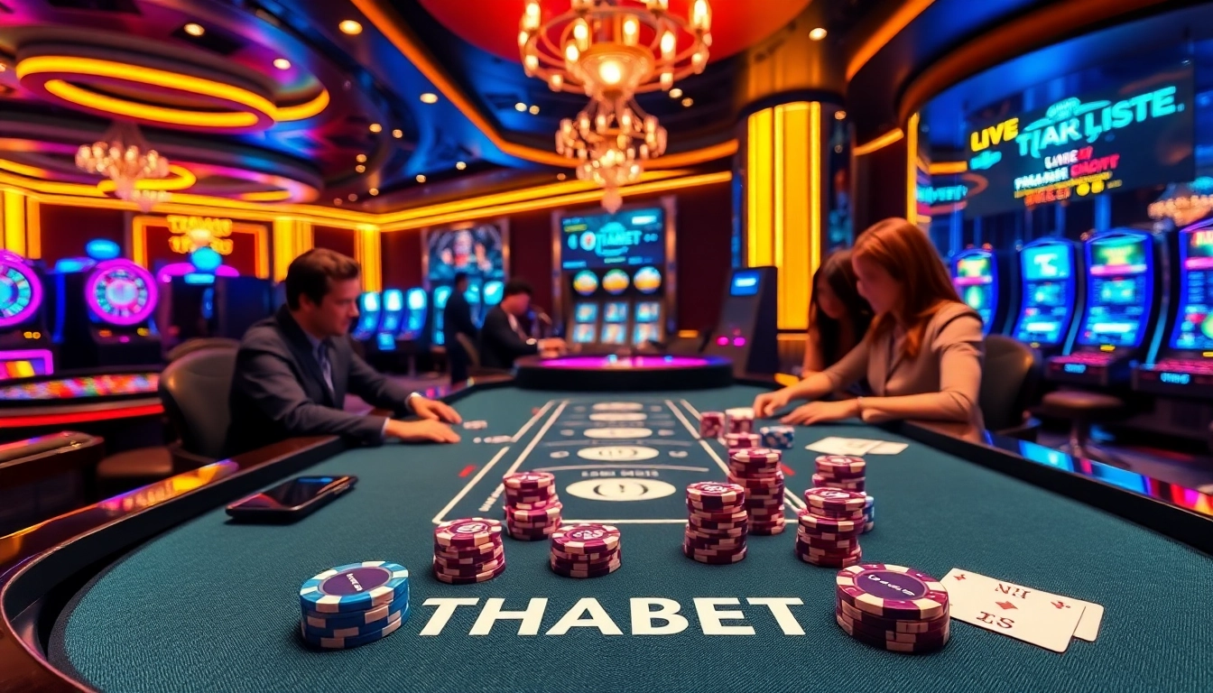 Crisp THABET casino table with colorful poker chips, dice, and a vibrant atmosphere.