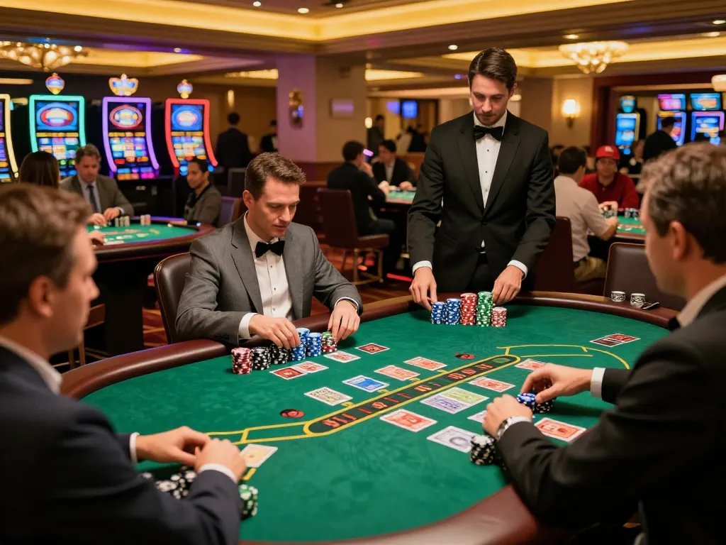 Players enjoying blackjack at tic88 casino, with vibrant atmosphere and dealer engaging.