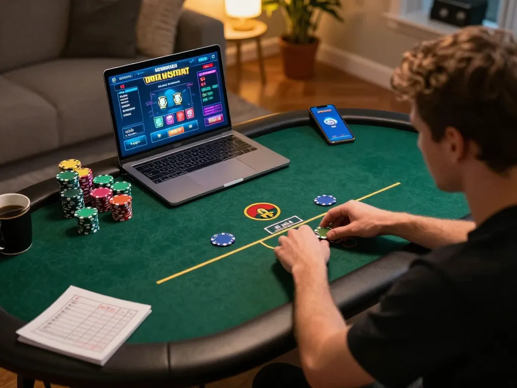 Player engaged in online poker game on fabet, showcasing vibrant interface and betting strategy notes.