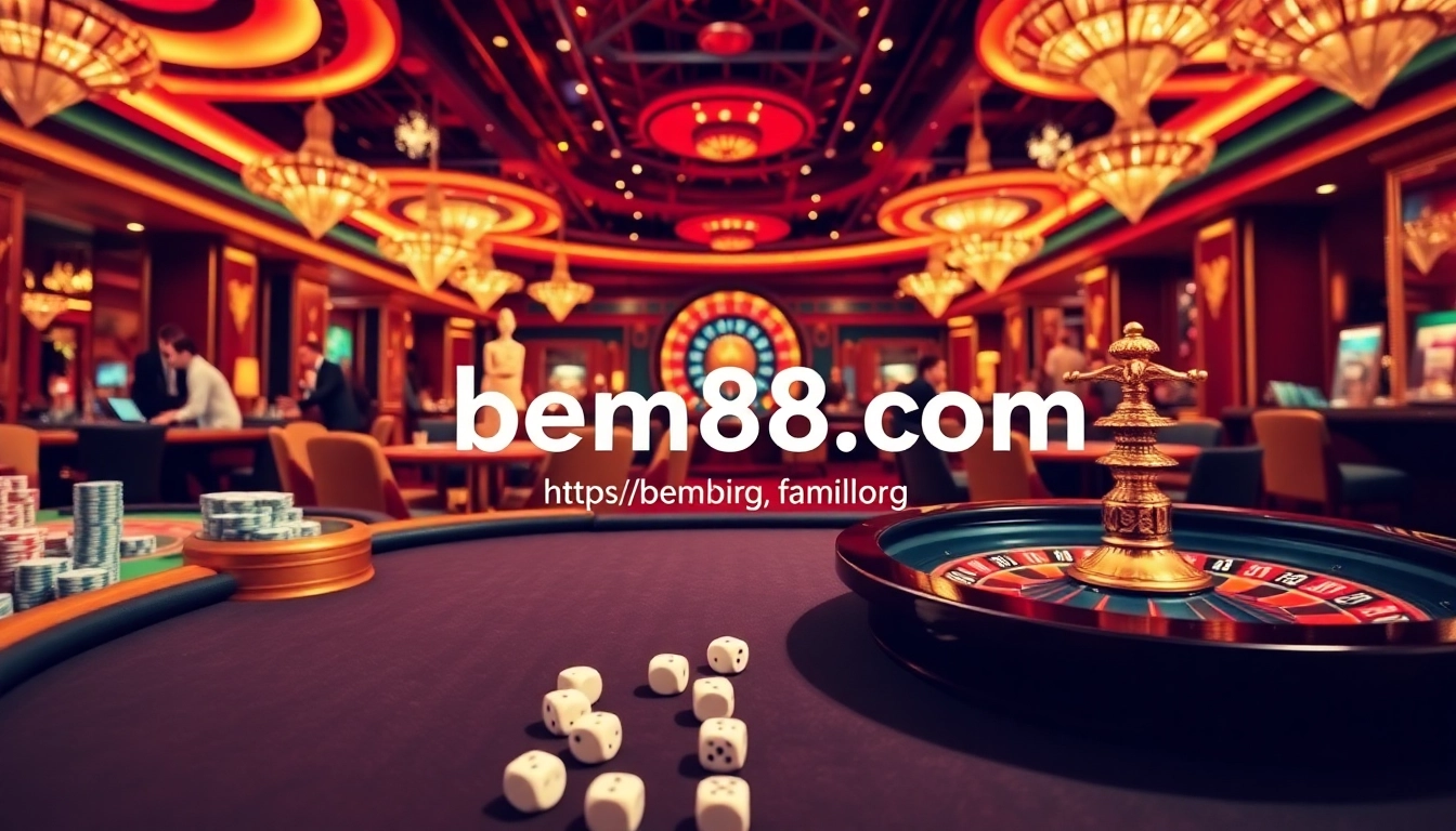 Engage in a vibrant casino scene featuring betting excitement with chips and cards at https://bem88.com.