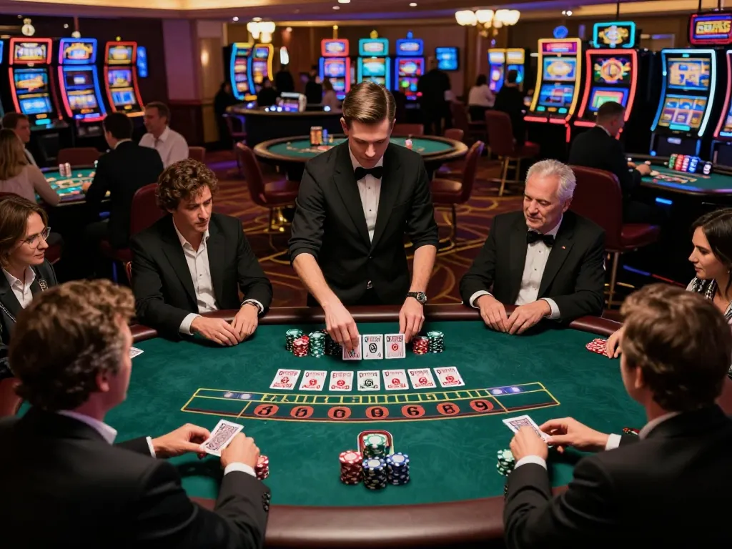 Engaged players at a lively blackjack table strategizing their next move with C193 chips.