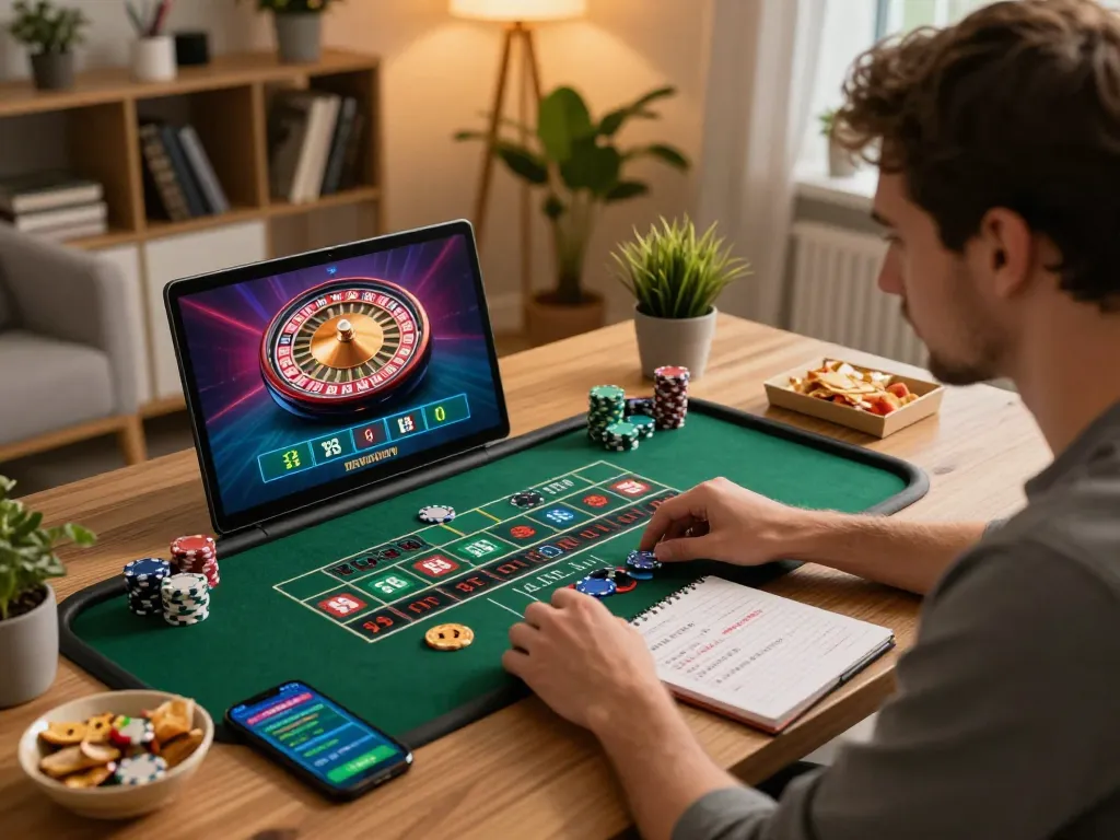 TA88 player strategizing online roulette gameplay in a cozy home office, showcasing excitement and focus.