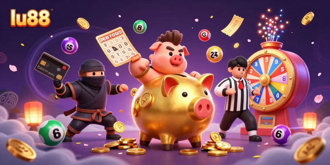 Engage with the thrilling lu88 casino scene featuring a golden piggy bank wrestler amidst dynamic lottery elements.