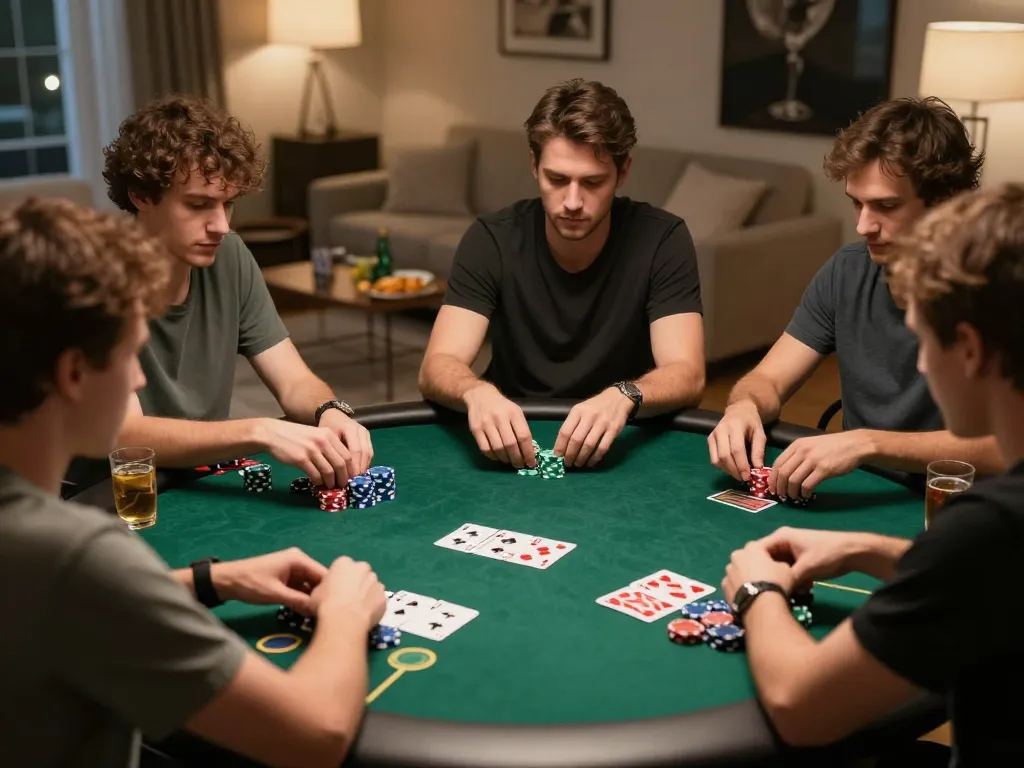 Engaged players at a poker table during a home game, showcasing competitive spirit and strategy typical of 9bet.