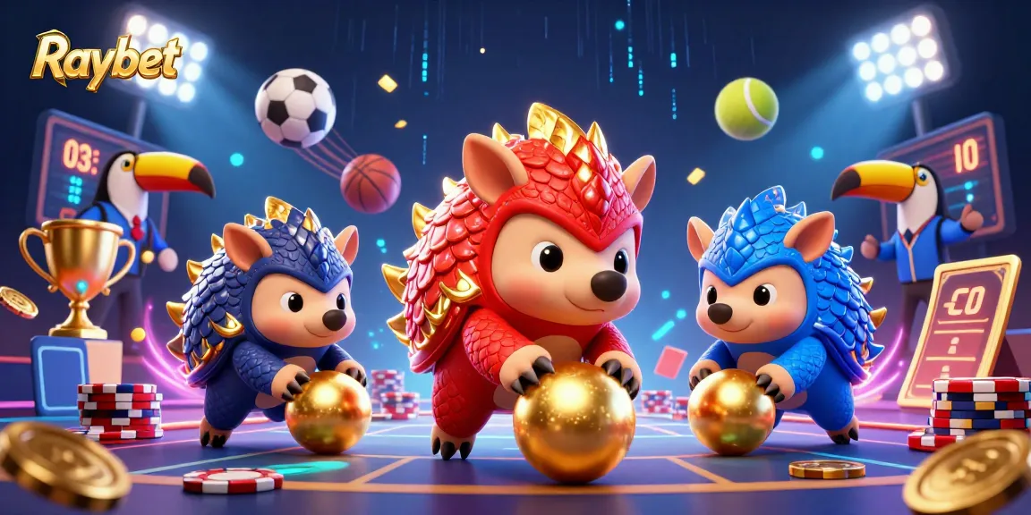 Raybet champions a vibrant casino scene with pangolins and dynamic sports elements.