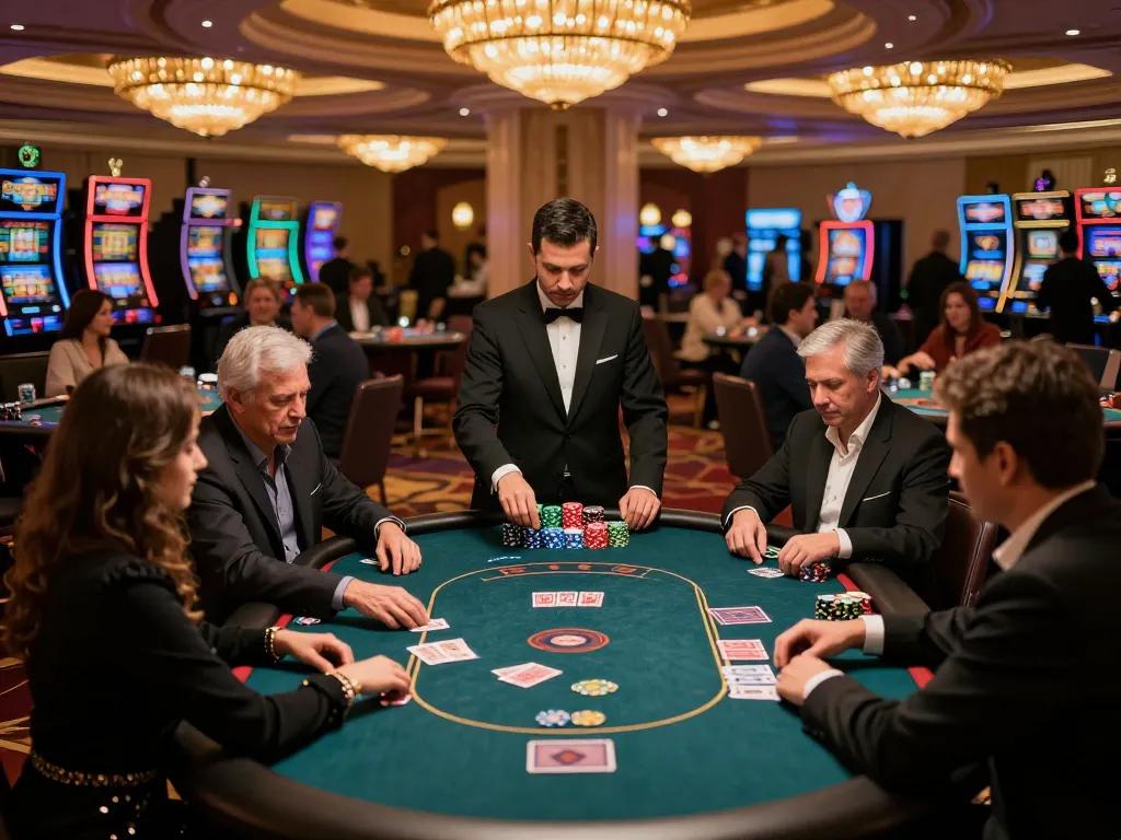 V9BET gaming experience at a luxurious casino with players engaging in strategic poker gameplay, vibrant atmosphere and elegant decor