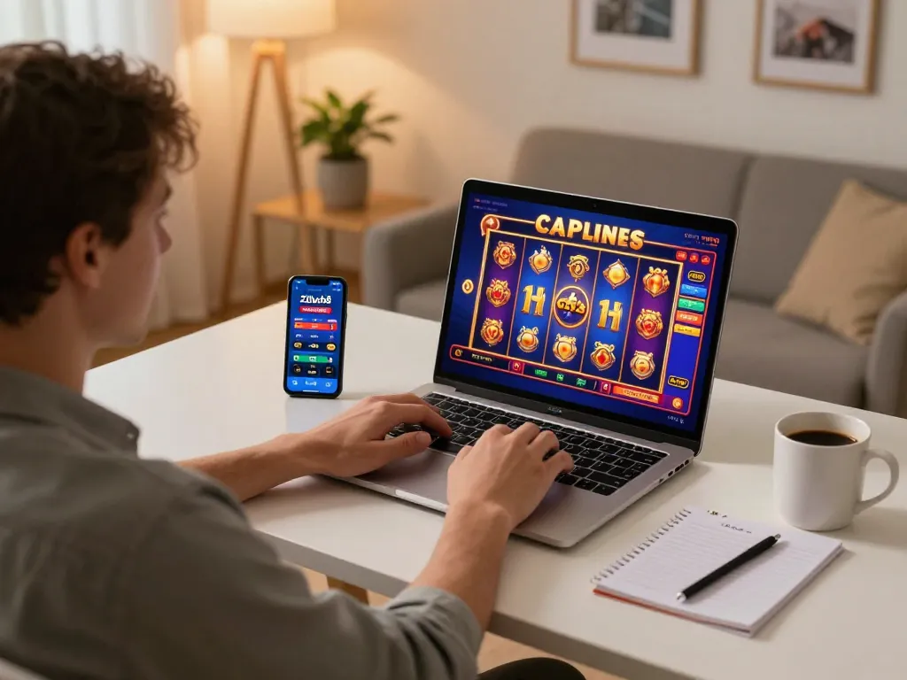 Engaging online casino gameplay with 22luck8 app interface visible on laptop, showing vibrant slot game.