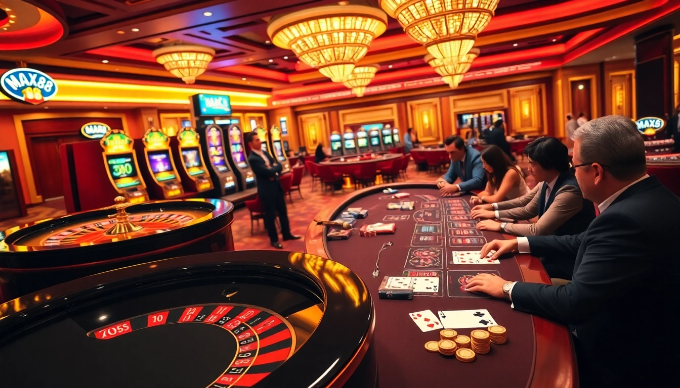MAX88 casino scene showcasing players at roulette and poker tables, vibrant slot machines.
