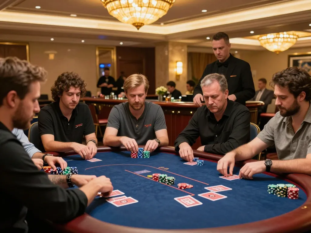 DAGA poker players strategizing at an upscale casino table, vibrant atmosphere