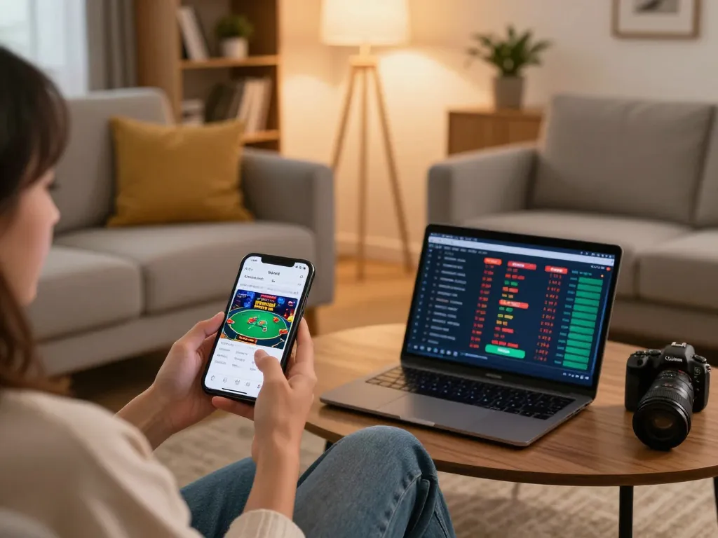 Engaging in browser play (H5) at home with online poker on smartphone, cozy gaming setup.