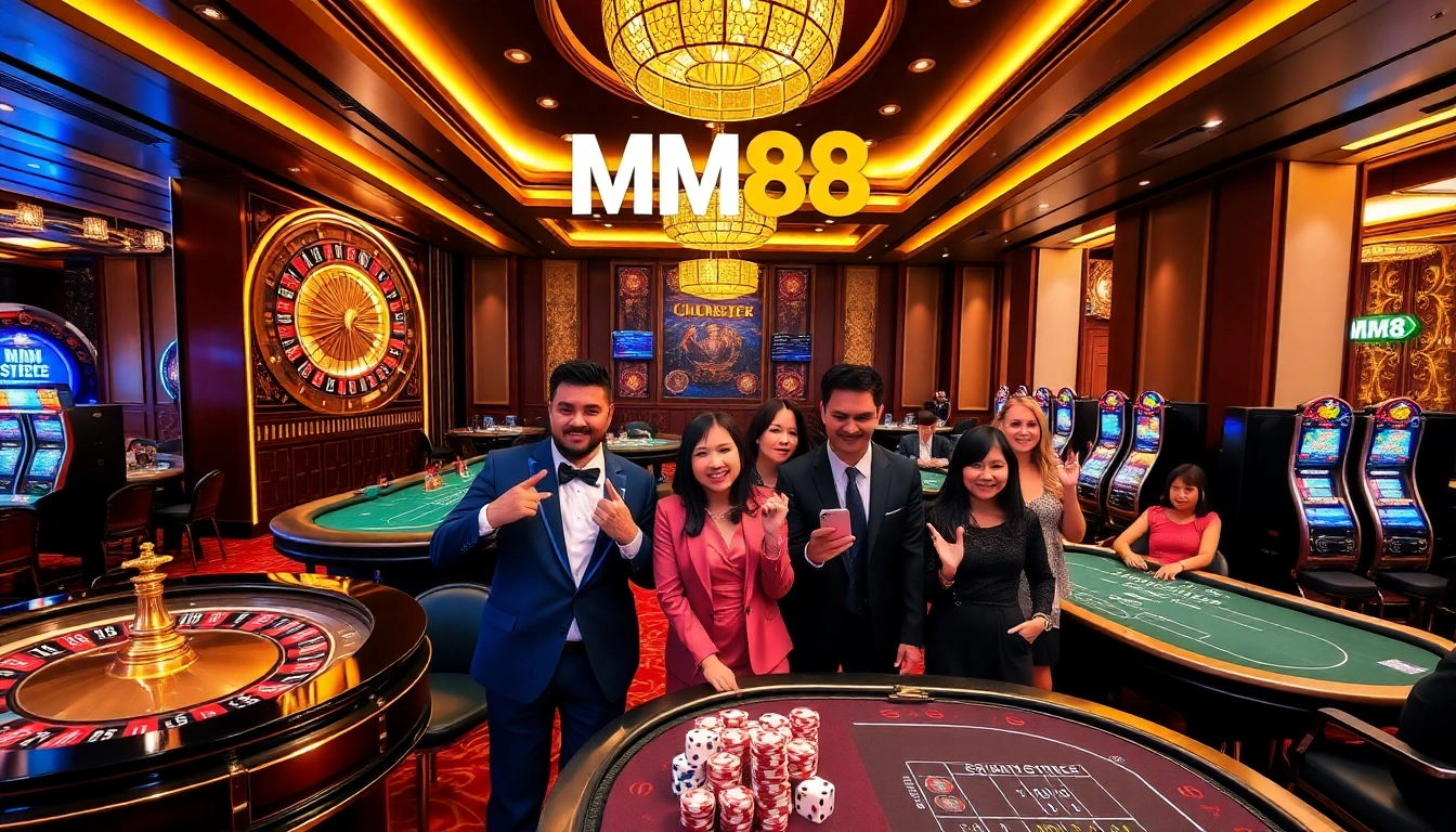 Experience high-stakes gaming at MM88, showcasing vibrant casino tables with excited players and immersive thrills.