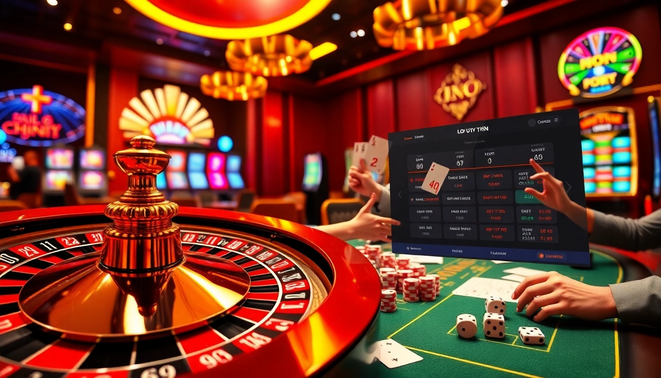 Lively casino scene featuring online gambling excitement, showcasing lô đề uy tín with roulette, poker, and digital betting.