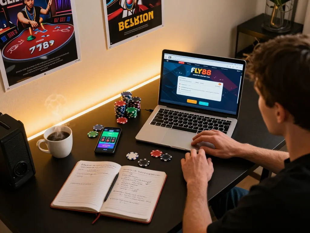 Online gaming session at nhà cái fly88 with dynamic poker gameplay and stylish home setup