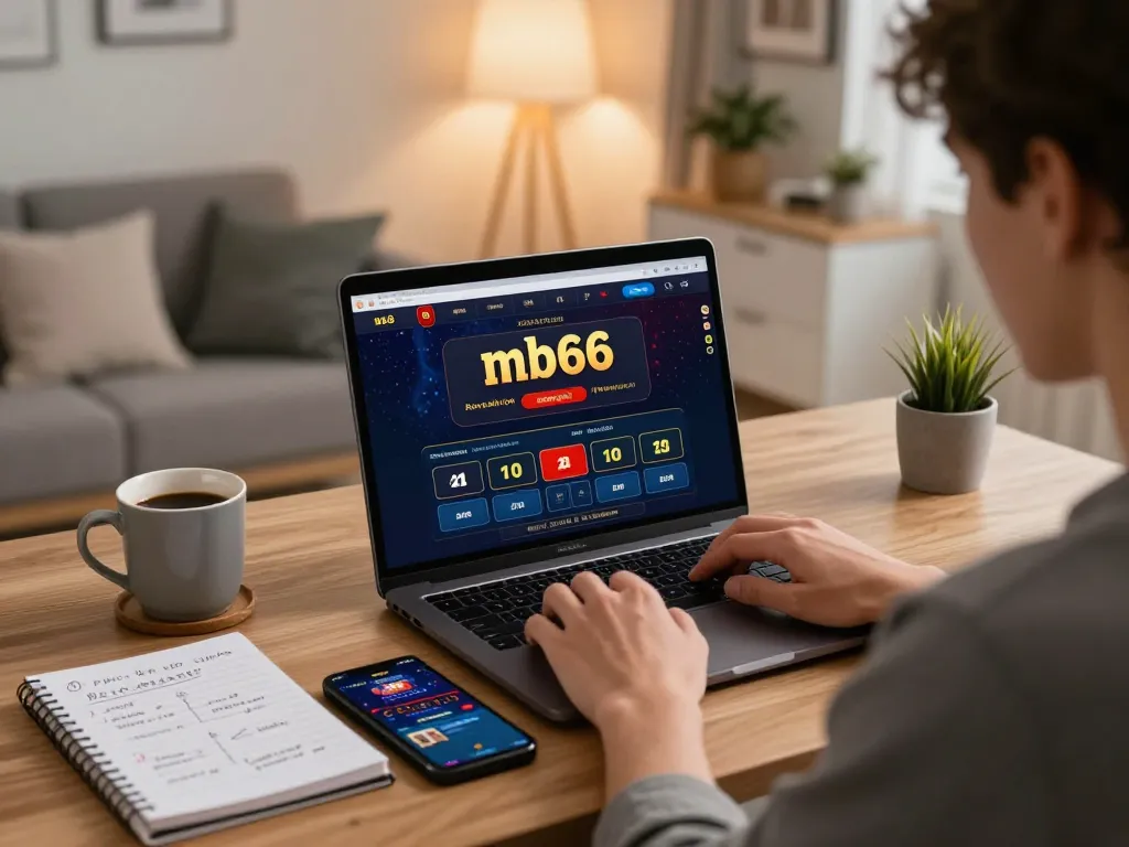 Player engaging in strategic online gambling at mb66 with a laptop and notebook by their side.