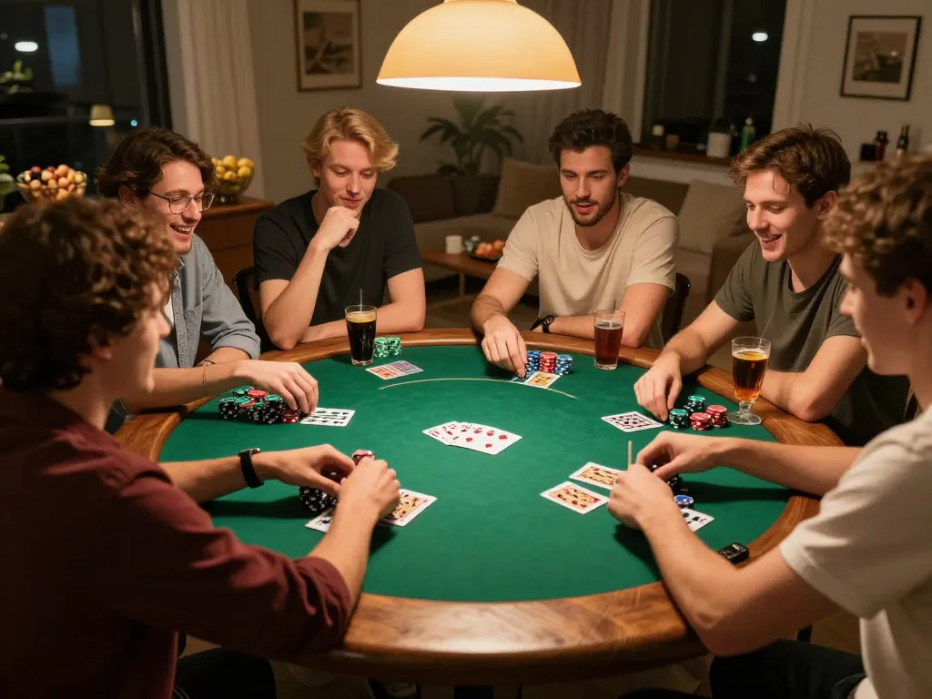 Friends playing poker at home in an engaging vipwin777 gaming session with chips and cards.