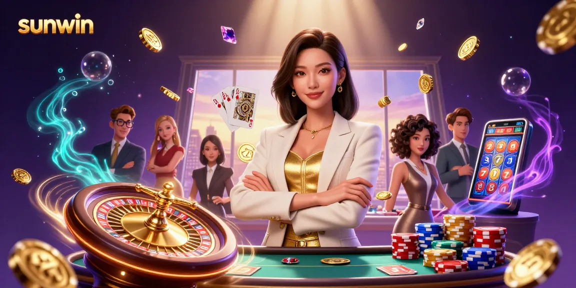 Experience sunwin's vibrant casino atmosphere with a glamorous Asian lady holding cards.
