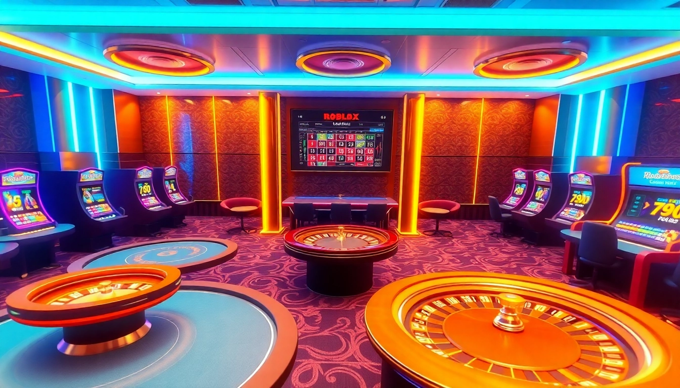 Engaging scene of Roblox gambling at a digital casino, featuring poker tables and slot machines.